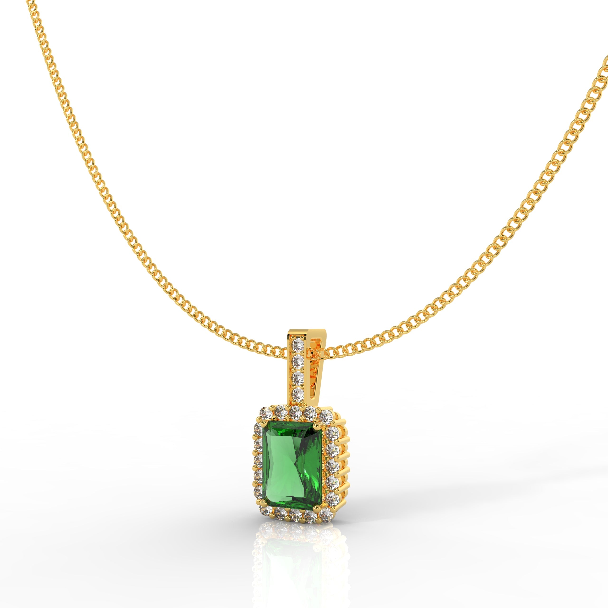 Octagon Cut Emerald Halo Pendant With Chain, Hallmarked 925 Sterling Silver - sitabo